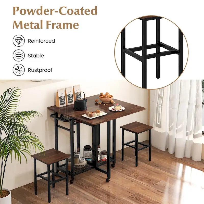 Costway 3 PCS Rolling Dining Table Set Extendable Kitchen Table 2