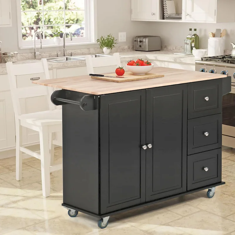 Kitchen Island Cart with Drop-Leaf and Rubber Wood Top, Rolling Kitchen Trolley Cart Cabinet