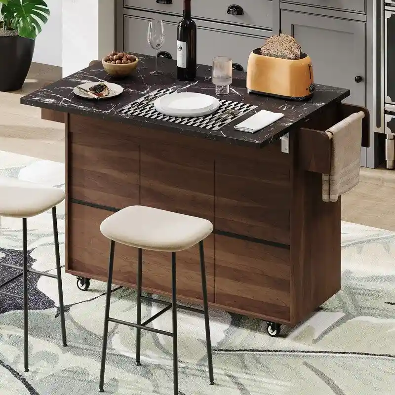 Rolling Kitchen Island with Trash Can, Kitchen Cart with Drop Leaf, Adjustable Shelf