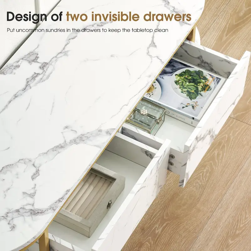 Ivinta White Sofa Table, Modern Faux Marble Top, Console Table with Gold Metal Frame