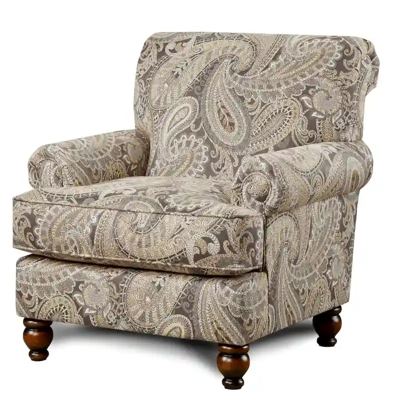Paisley Print Accent Chair – Beige, Rolled Arms, Traditional Style, Single Seat