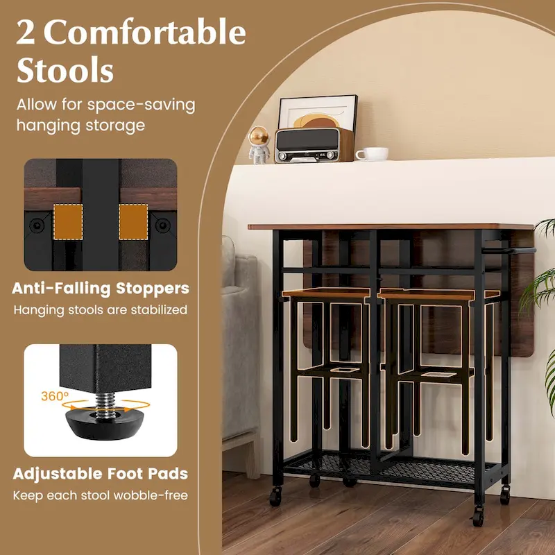 Costway 3 PCS Rolling Dining Table Set Extendable Kitchen Table 2