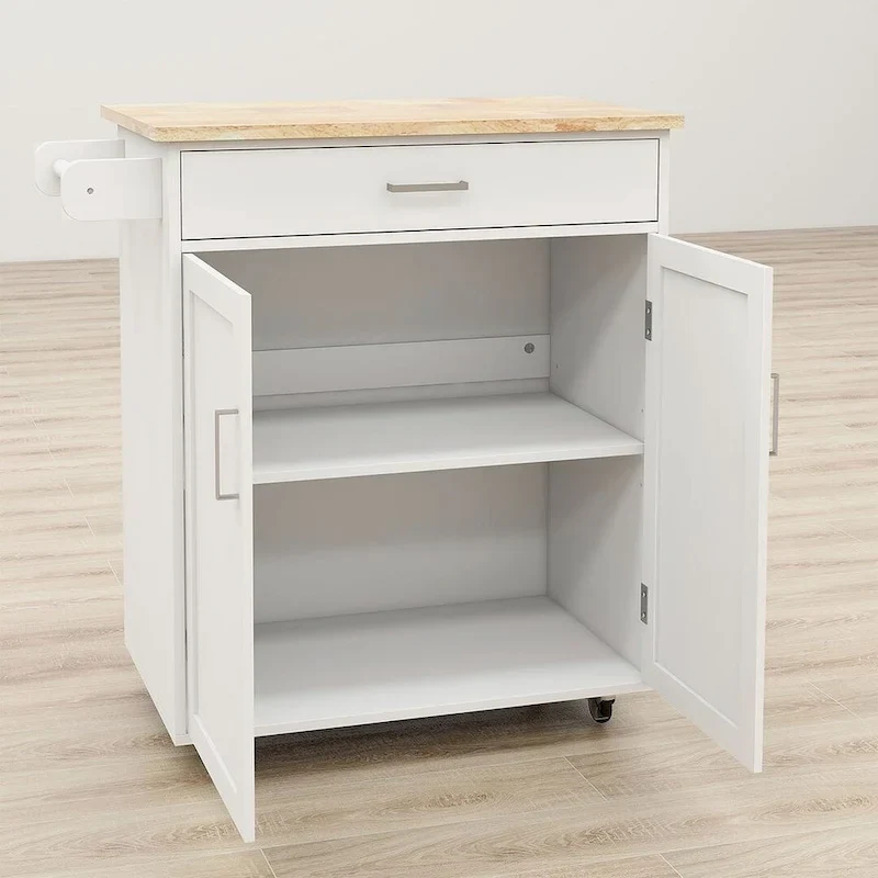 32.87 W Modern Rubberwood Countertop Kitchen Island with Adjustable Shelves and Towel Racks