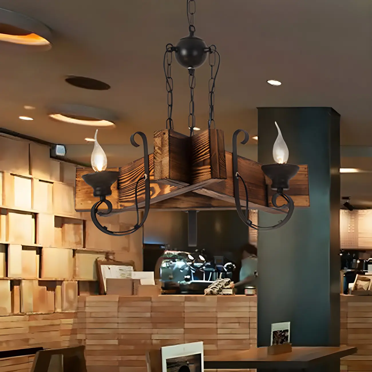 Industrial Vintage Iron Pendant Light Wooden Geometric Hanging Lamp for Commercial Place