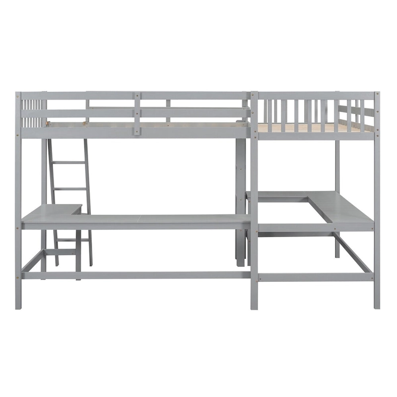 Twin Size L-Shaped Loft Bed Frame for Boys Girls Kids Adults Toddler with Ladder and 2 Built-in L-Shaped Desks