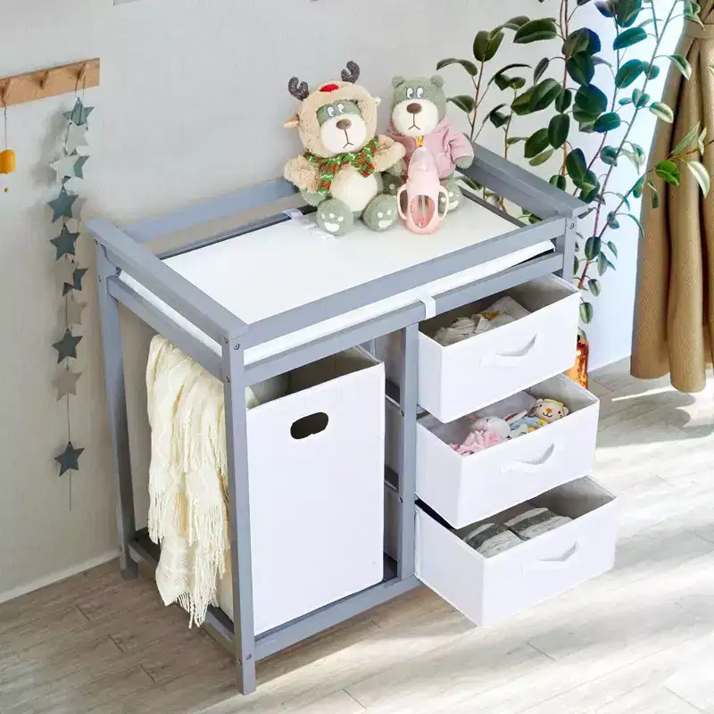 GustoWave Wooden Baby Changing Table,Modern Diaper Changing Table,Infant Diaper Station Dresser with Laundry Hamper, 3 Drawer Basket