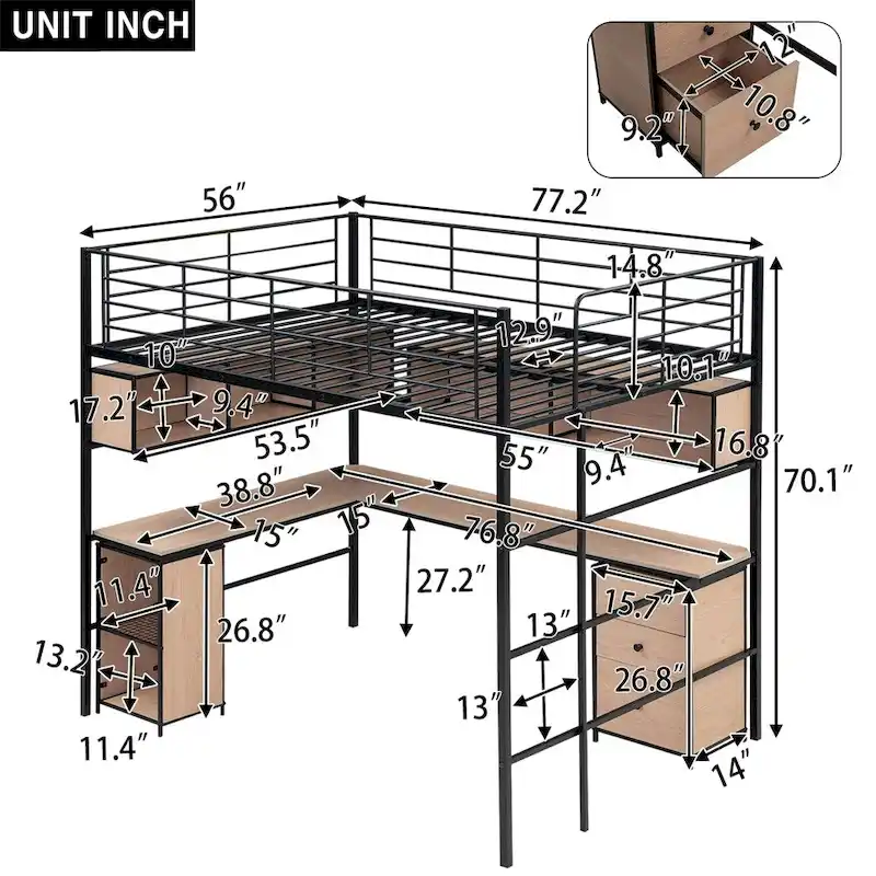 Metal Loft Bed With Bookcase,Desk And Cabinet,Full