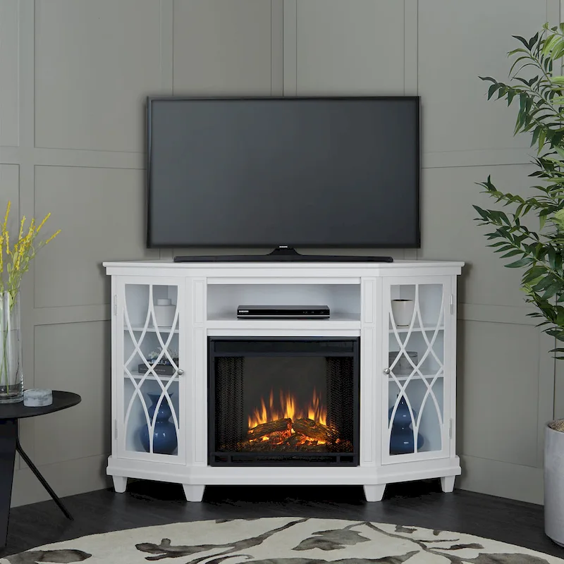 56 Corner TV Stand with Electric Fireplace - White
