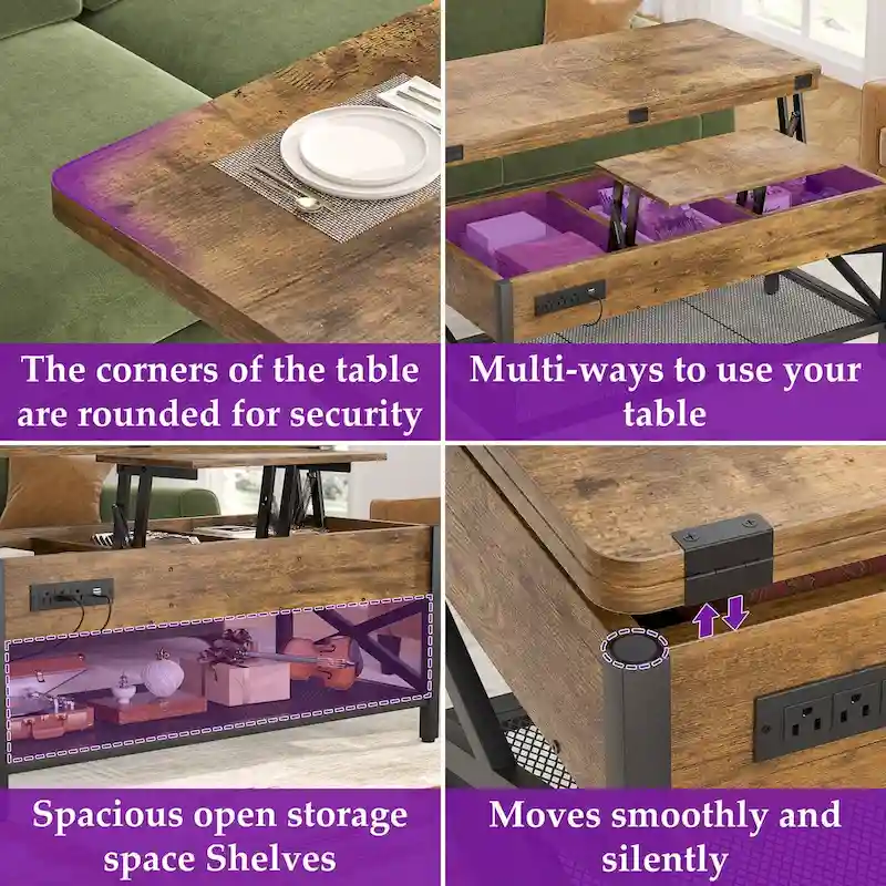 Expandable Lift Top Coffee Table Converts to Dining Table with LED Light and Power Outlet - 39 in. W X 41.73 in. L X 26.6 in. H