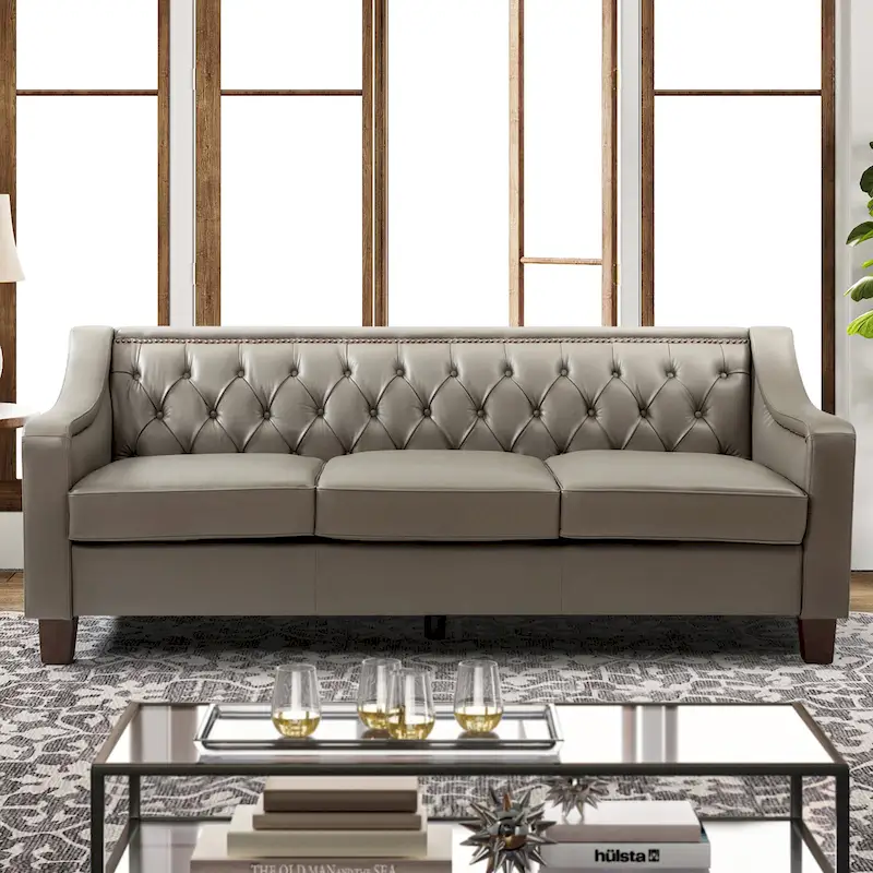 Mateo 82.28 Wide Transitional Genuine Leather Sofa with Nailhead Trim and Button-Tufted Back