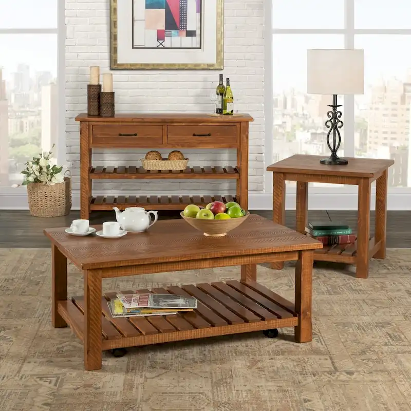 Farmhouse Coffee Table with Bottom Shelf, Grey/Espresso/White/Black/Honey, Pine Wood