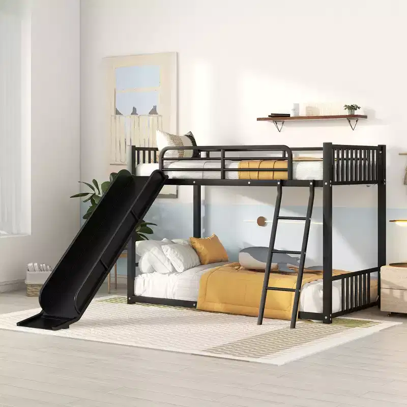 Modern Style Twin over Twin Metal Bunk Bed with Slide, Easy to Assemble