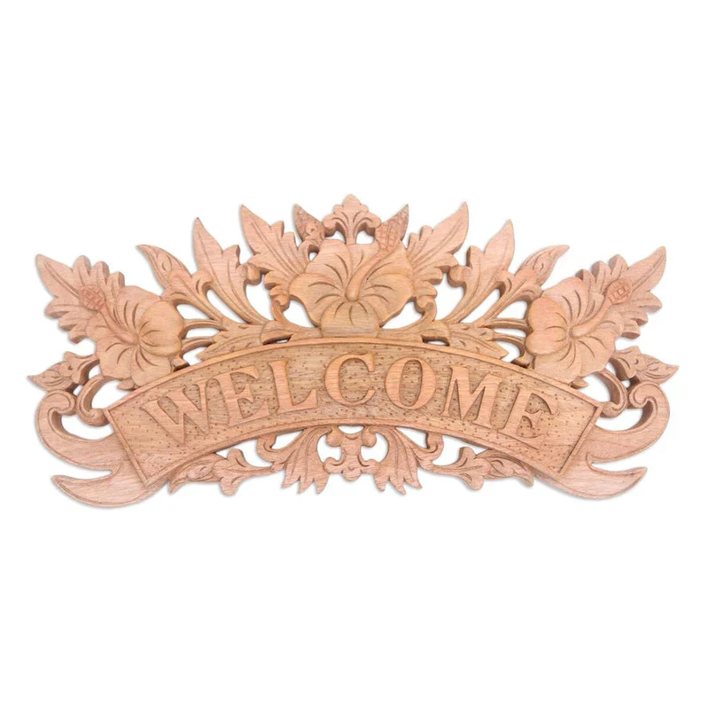 Novica Handmade Welcoming Hibiscus Wood Wall Sign