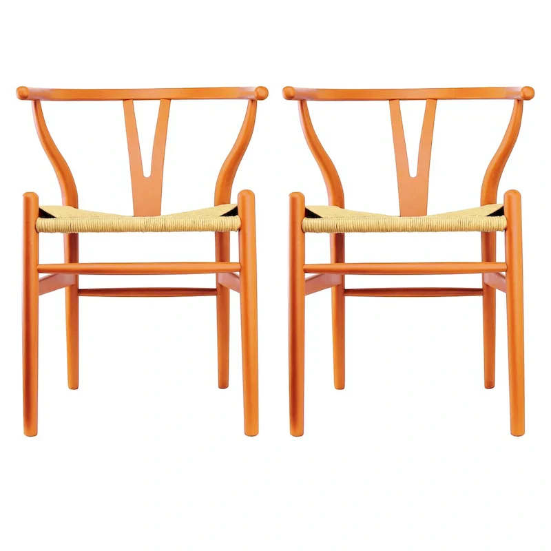 Set of 2 Wood Dining Chairs with Woven Rope Seat