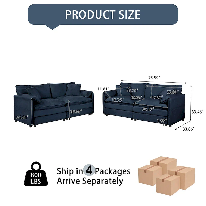 75.59 Chenille Cloud Loveseat Sofa with Deep Seat and 4 Pillows