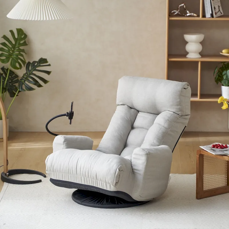 Gray Swivel Recliner with Phone Holder, Adjustable Headrest