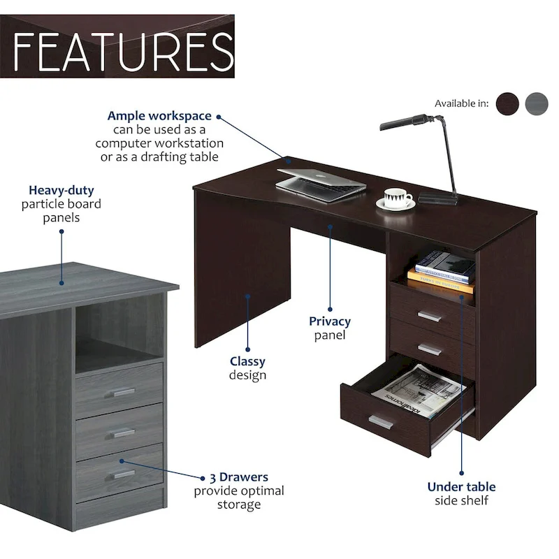 Modern Designs Classic 3-Drawer Computer Desk - Grey
