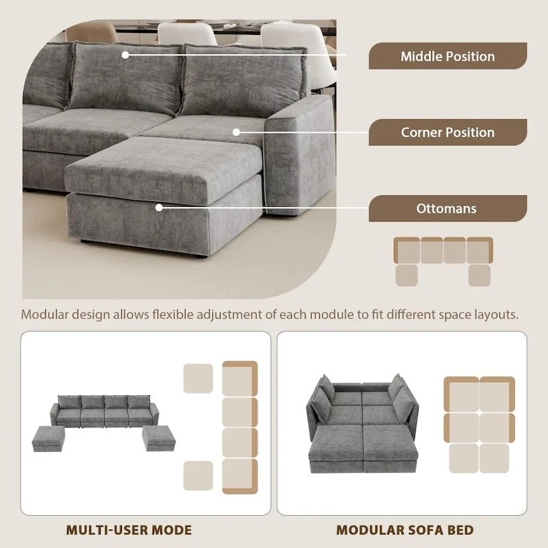 U Shaped Reversible Sectional Sofa with Ottoman