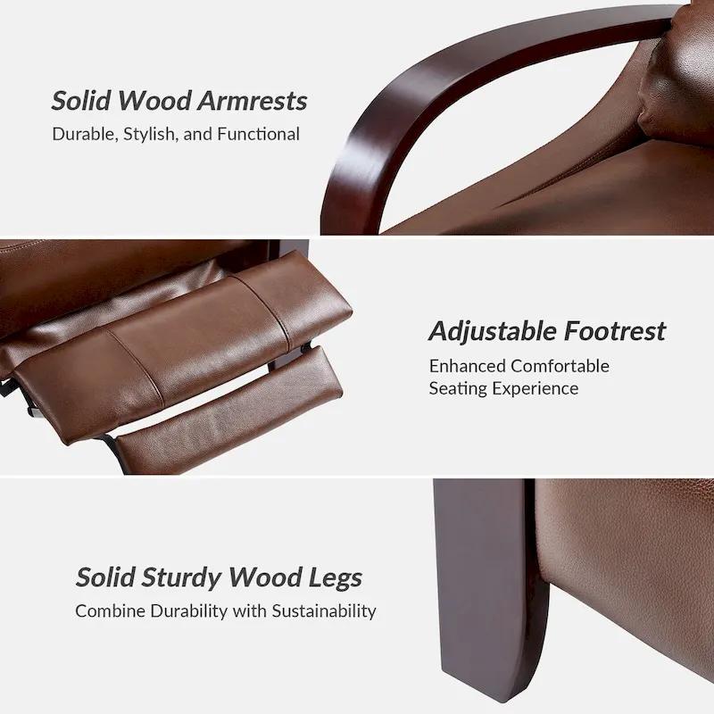 Alex Mid-century Modern Cigar Genuine Leather Manual Recliner with Wooden Curved Arms, Set of 2