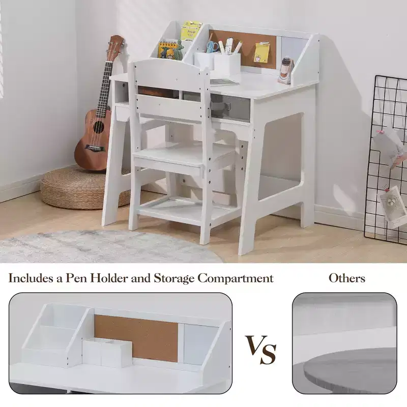 COZONY Kids Study Table Set with Adjustable Chair, Study Desk with Hutch, Bulletin Board, 2 Drawers, 2 Pen Holders