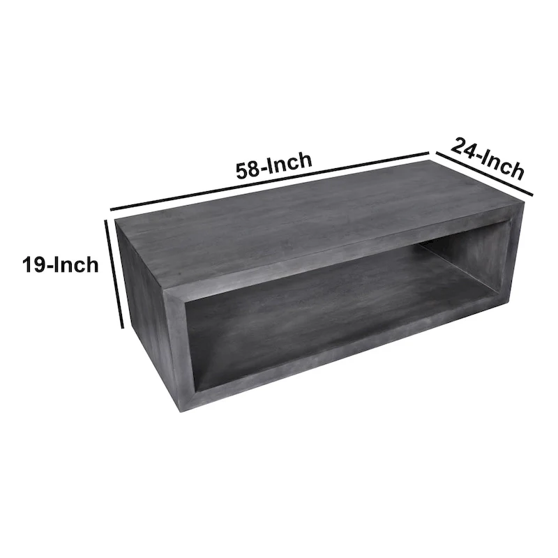 Keli 58 Inch Cube Shaped Wooden Coffee Table with Open Bottom Shelf, Charcoal Gray