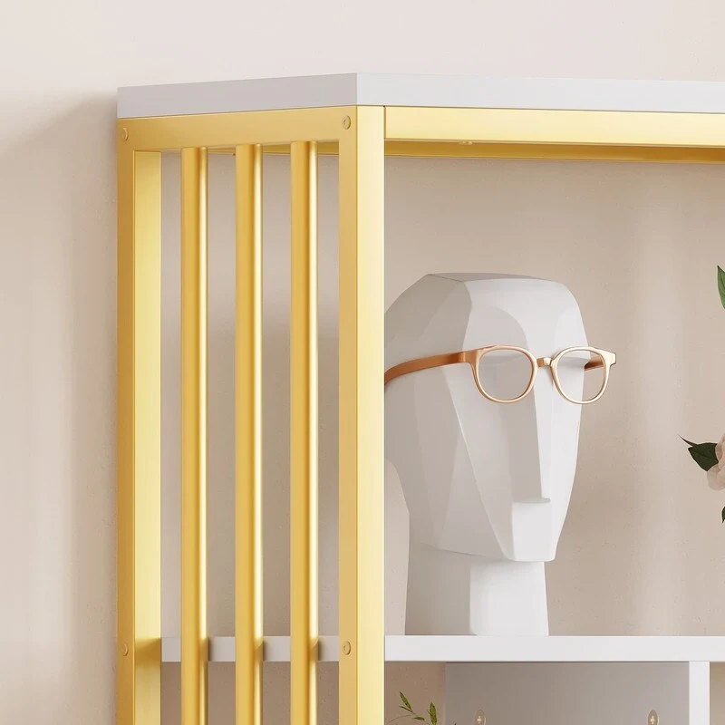 Yellow & Gold Finish Modern Bookshelf with Cabinet & 2 Drawers, Staggered Shelves