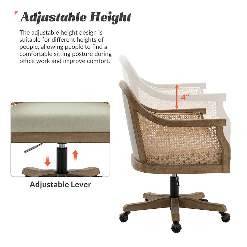 Farmhouse-Style Rattan Office Chair — 360° Swivel, Adjustable Height, Rubberwood Construction