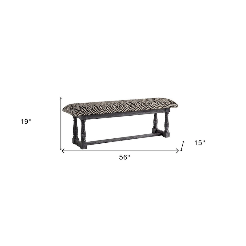 HomeRoots 56 Black and White and Gray Upholstered Cotton Blend Trellis Bench - 56