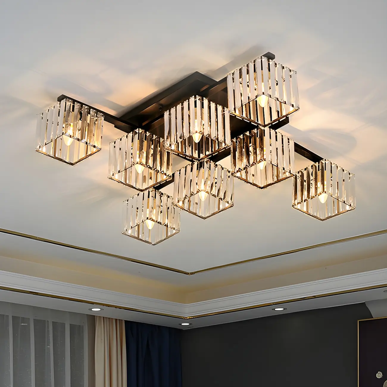 Modern Square Gold Crystal Flush Ceiling Light in 8 Lights