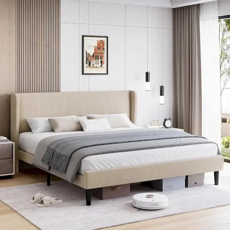 Upholstered Wingback Bed Frame with Velvet Headboard