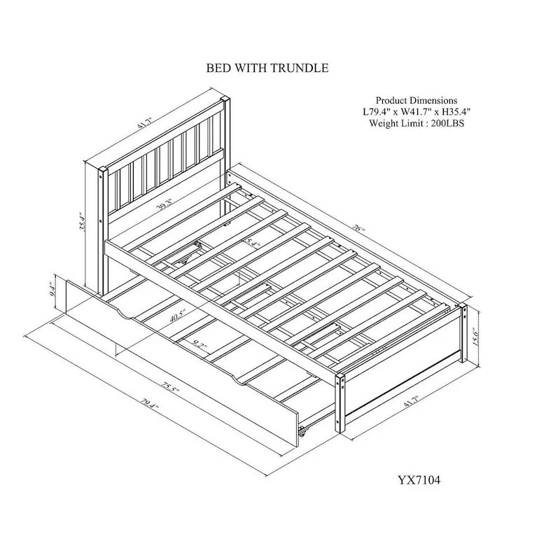 Brown Walnut Twin Bed with Trundle and Fence Headboard