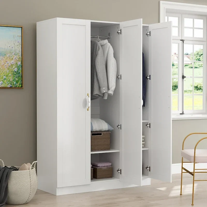 White 2-Door Wardrobe with Hanging Rod and Shelves – Single Use
