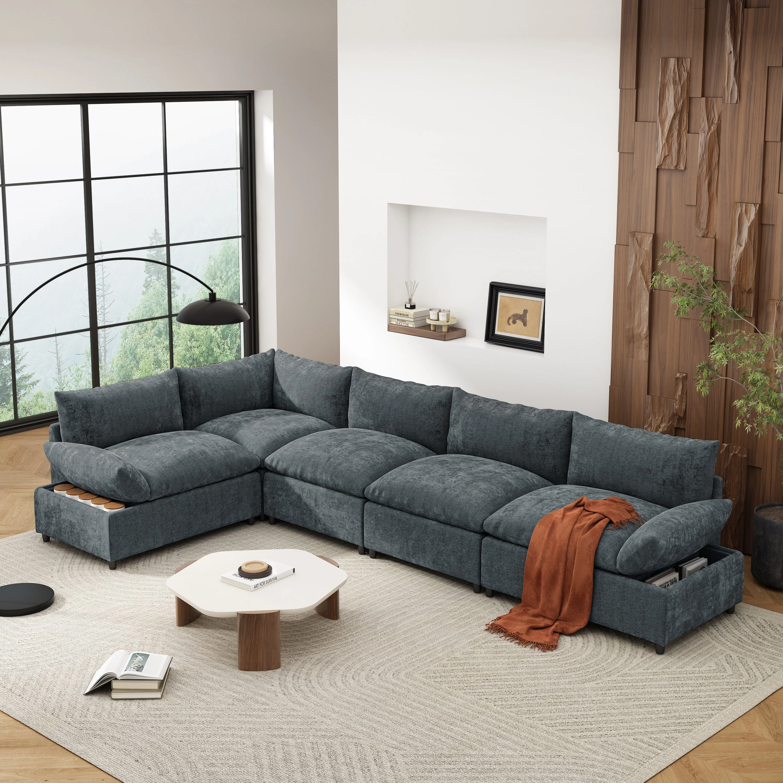 Modern Upholstered Sectional Sofa with Storage, Dark Grey