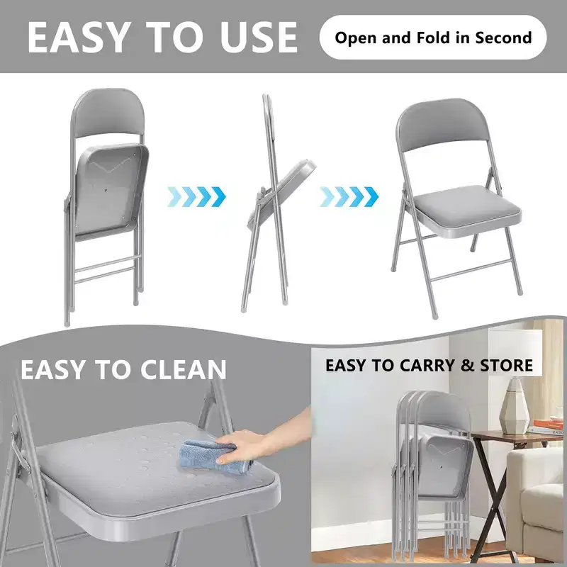 SUGIFT Folding Chairs with Padded Seats, Metal Frame with Vinyl Seat & Back, Capacity 350lbs, Gray, Set of 4