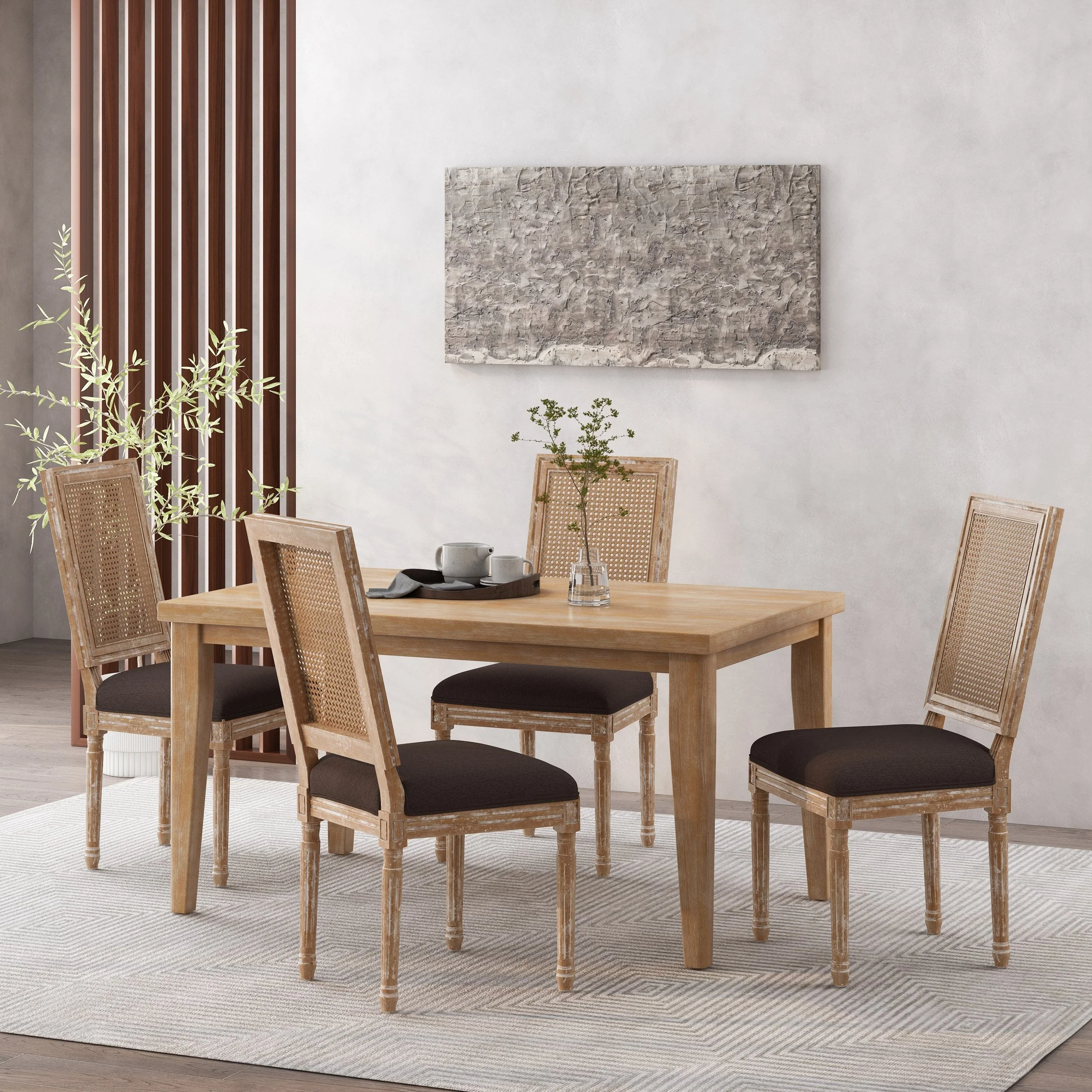 French Country Wood and Cane Upholstered Dining Chair, Set of 4 - NH494513
