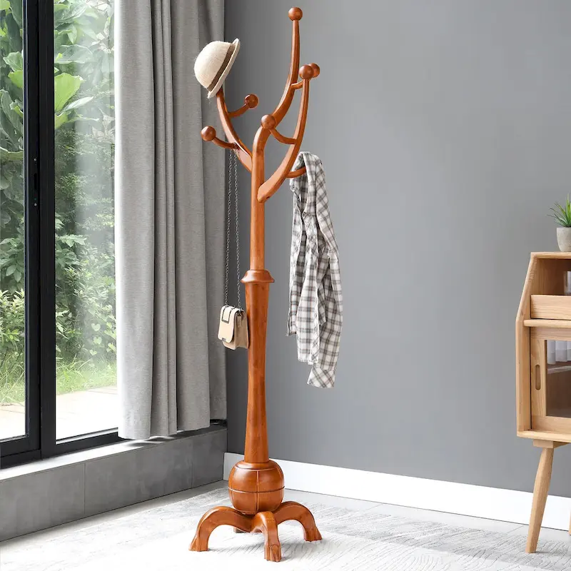 Rubberwood Freestanding Coat Rack with 8 Hooks - 24.5W x 70.87H