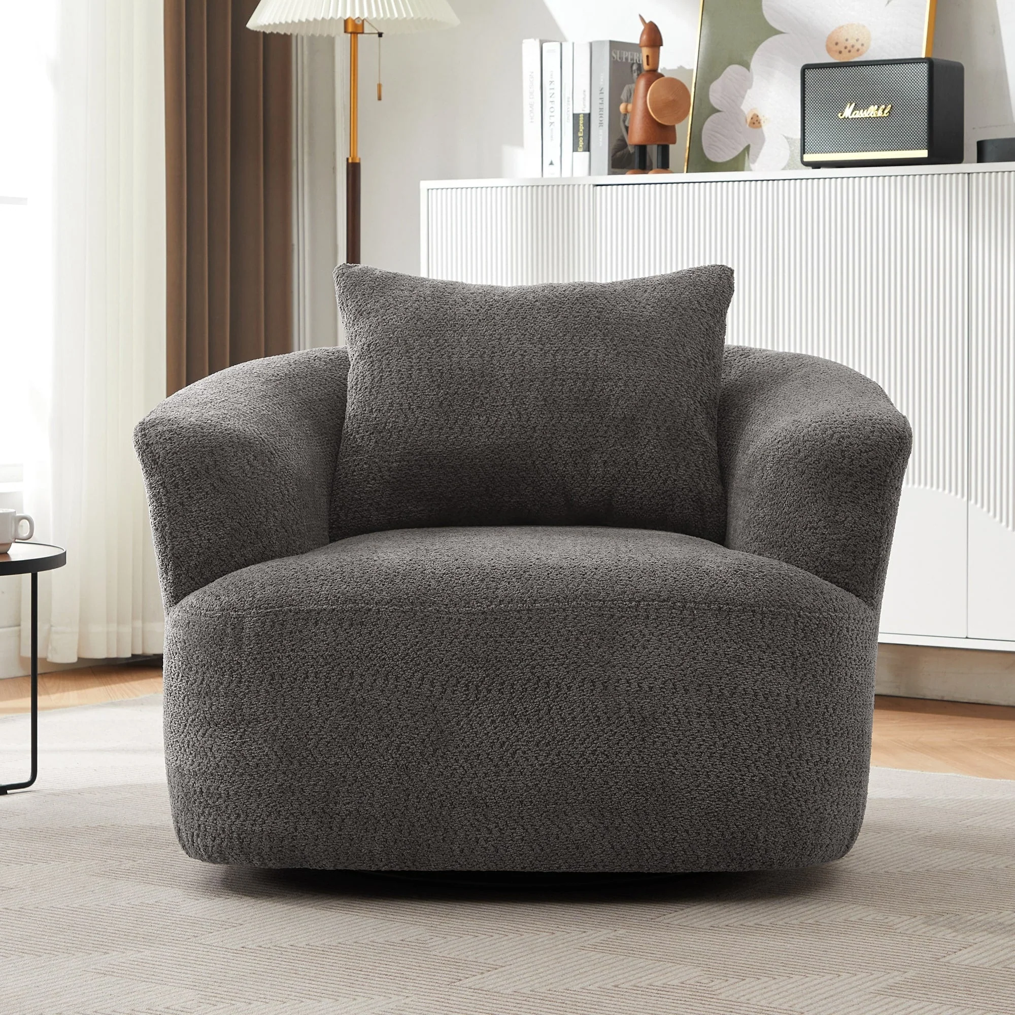 360° Swivel Chair, 38.2 Boucle Accent Chair with Throw Pillow, Upholstered Barrel Sofa Chair with Curved Armrests