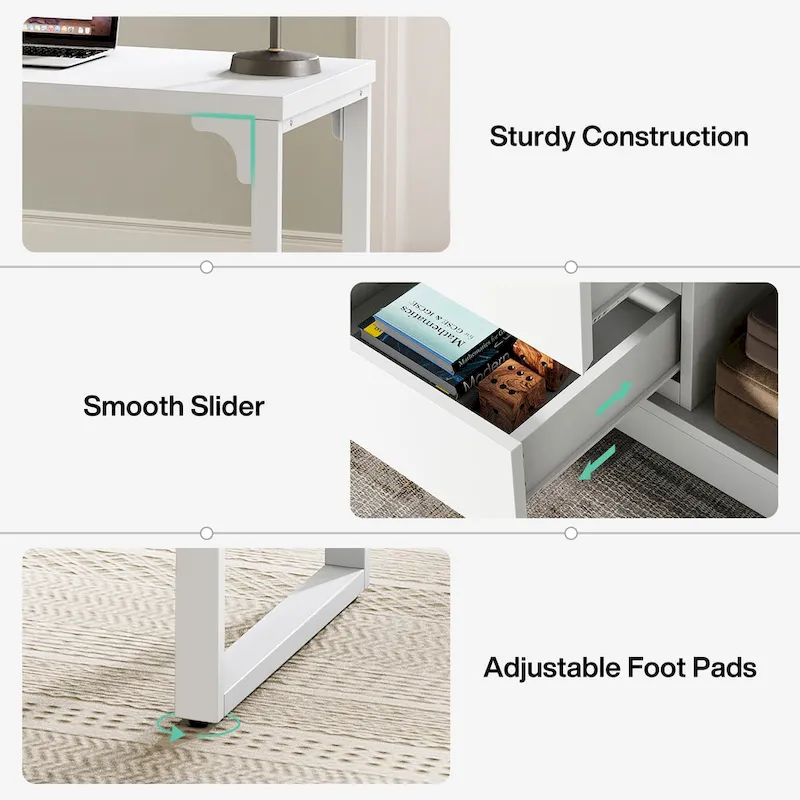Versatile L-shaped White Computer Desk with Drawers and Shelves