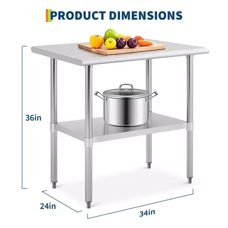 Stainless Steel Table, Heavy-Duty Metal Commercial Prep Table with Open Storage Racks for Restaurant Kitchens, Home, Hotels, Food Preparation