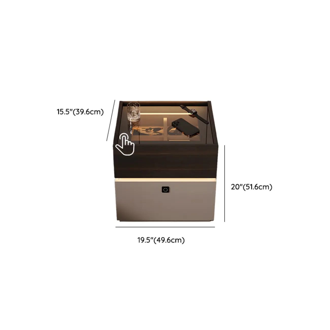 Narrow Black Glass Top 2-Drawer Wood Nightstand with Light