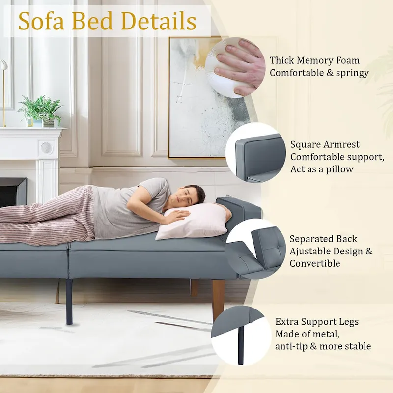68 in. Soft Convertible Sofa Bed with Adjustable Backrest and Solid Wood Legs