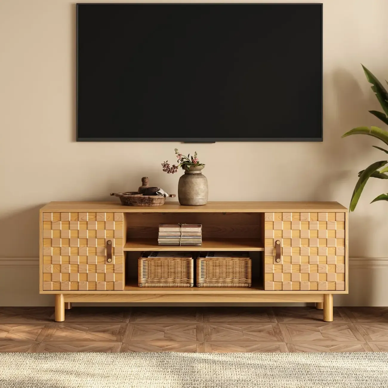 Natural Wood Mid Century TV Stand with Storage
