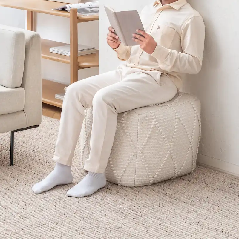 Jani Pouf Ottoman - Cotton-Blend Upholstery with Firm EPP Bead Filling - Footrest or Extra Seating for Living Room
