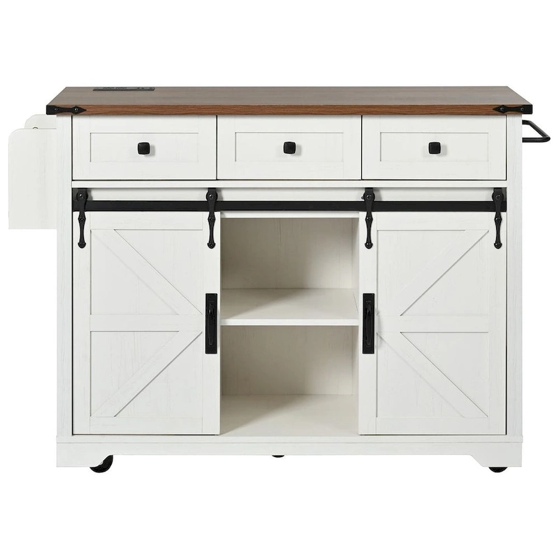 Farmhouse Kitchen Island Cart with Wheels, Power Outlet