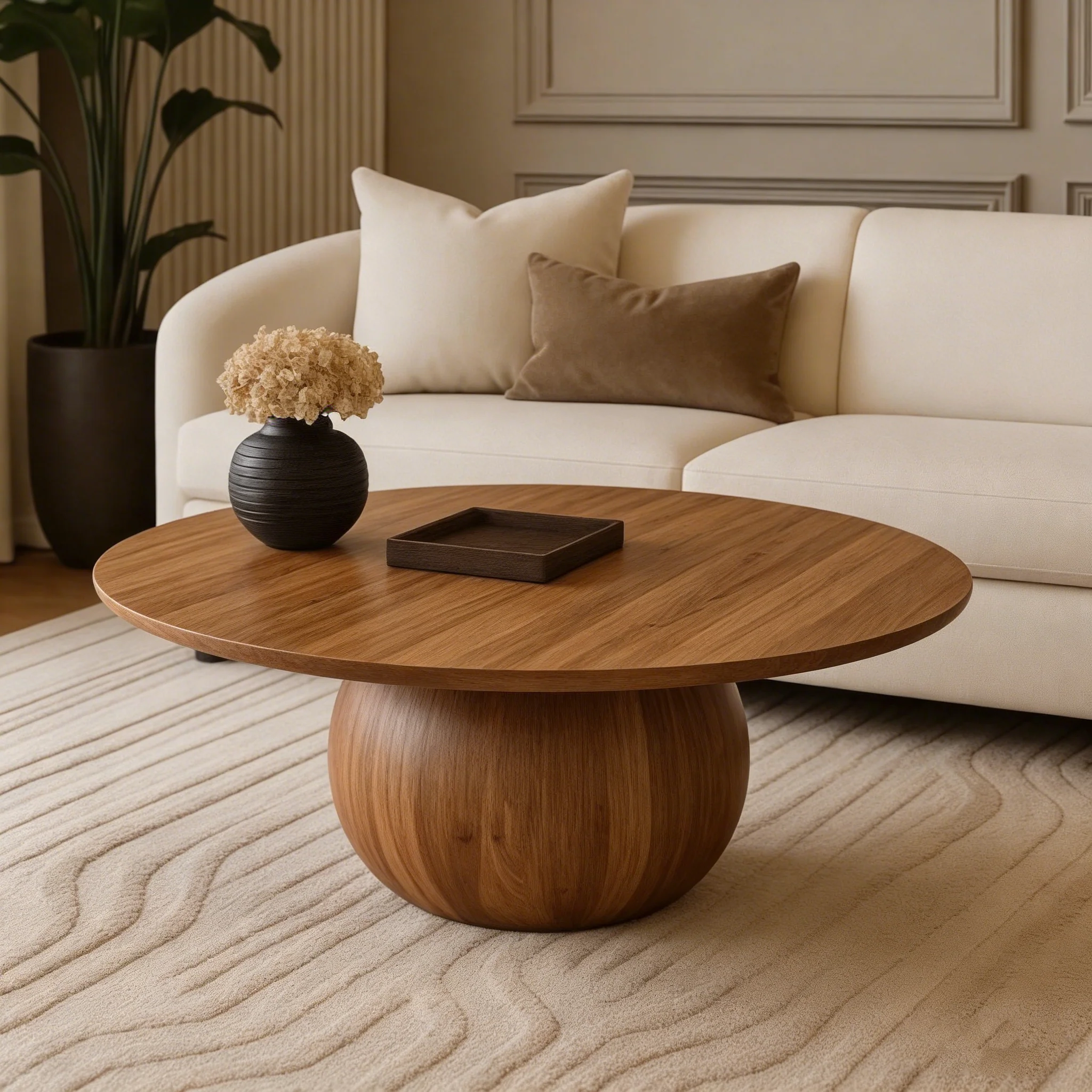 Modern Solid Acacia Wood Round Base Coffee Table