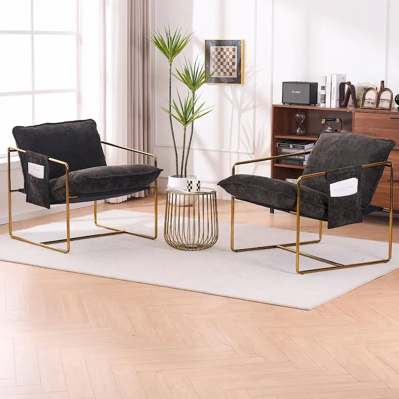 Upholstered Hanging Armchairs with Arm Pockets, Metal Frame,Set of 2