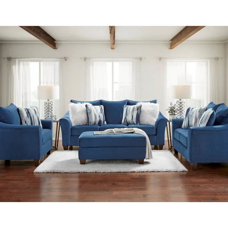 Roundhill Furniture Camero Fabric Pillowback 4-Piece Sofa Set in Navy Blue