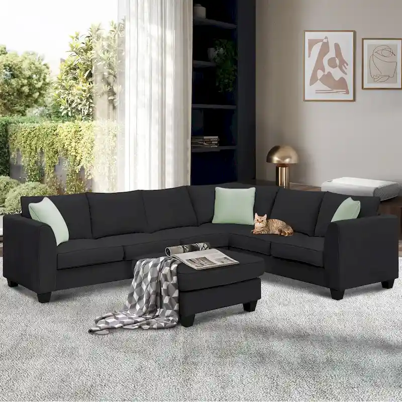 112-inch L-shaped 7-seat Modular Sectional Sofa with Ottoman and Three Pillows - 112W x 87D x 33H