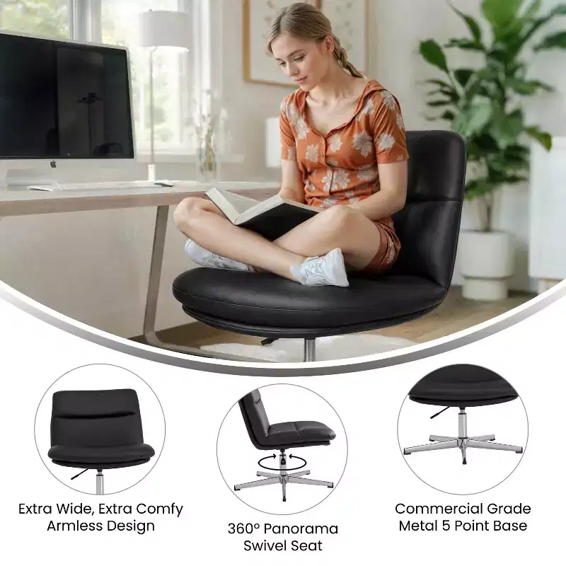 Merrick Lane Mid-Back Height-Adjustable Stationary Armless Swivel Office Chair - Padded Upholstered Wide Back and Seat, Strong Frame