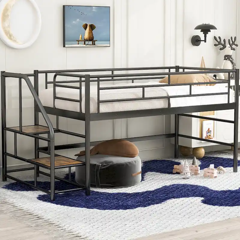 Black Twin Size MDF Metal Mid Loft Bed with Storage stairs and Fence for Kids, Boys and Girls, Bedroom